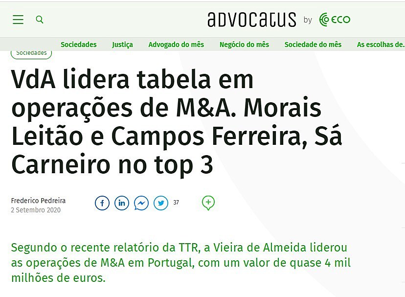 VdA lidera tabela em operaes de M&A. Morais Leito e Campos Ferreira, S Carneiro no top 3